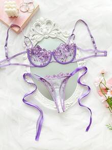 2pcs Sky Blue Embroidered Lace-Up Lingerie Set For Women - Purple - View 2