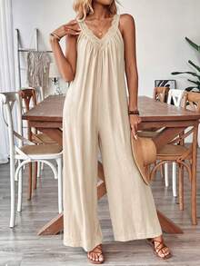 Breezaya Women's Sleeveless V-Neck Floral Trim Jumpsuit - Apricot - View 6