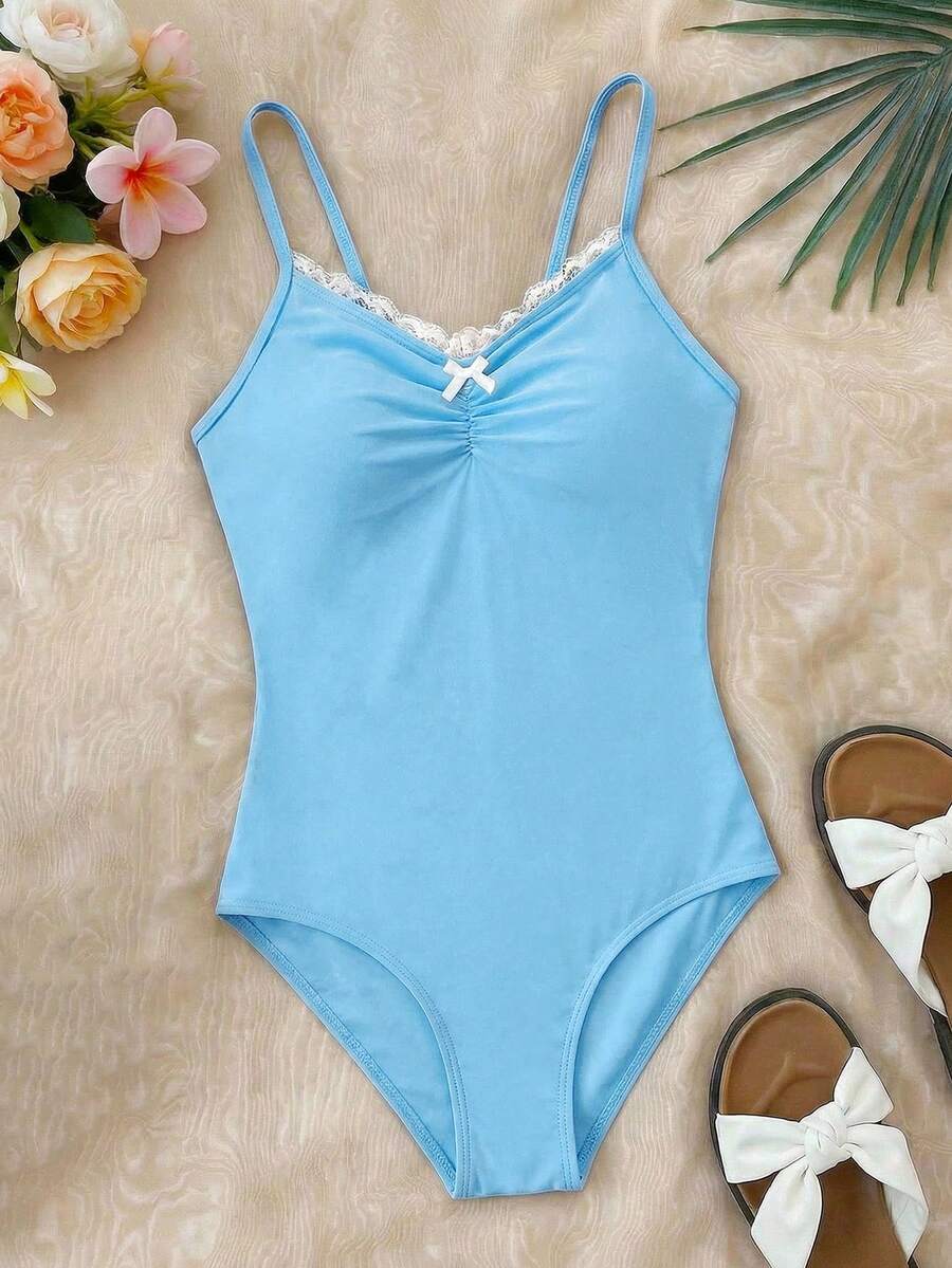 SHEIN Tween Girls' Summer Beach Vacation Contrast Lace Ruched Bust Bow Decor One-Piece Swimsuit - Baby Blue - View 1