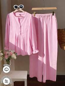 Modelyn 2pcs/Set V-Neck Button Front Cotton Shirt And Elongated Pants Pink Linen Mothers Day - Pink - View 2