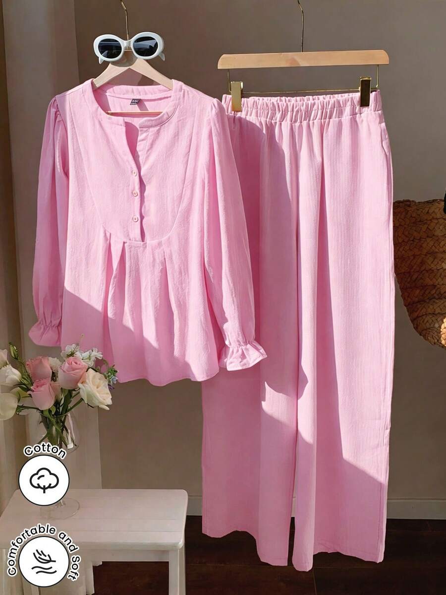 Modelyn 2pcs/Set V-Neck Button Front Cotton Shirt And Elongated Pants Pink Linen Mothers Day