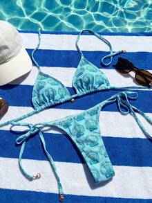 Swim Vcay مجموعة ملابس شاطئ للنساء 2 قطعة، ملابس علوية مثلثة ظهر عاري مع طباعة عشوائية للمحيط وقلادة معدنية، وسروال بيكيني مربوط الجانبين، ملابس سباحة أنيقة وجذابة للعطلات والحفلات الساحلية - متعدد الألوان - View 3