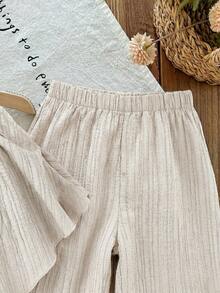 SHEIN LMoss Kids 2件套女婴纯色梭织吊带背心和裤子套装 - 卡其色 - 查看 6