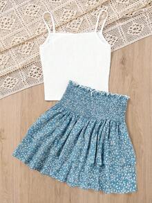 SHEIN 2件套少女休闲舒适吊带背心和碎花裙套装 - 藍白色 - 查看 2