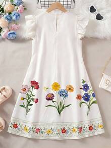 SHEIN 少女仿领短袖印花连衣裙 - 白色 - 查看 6