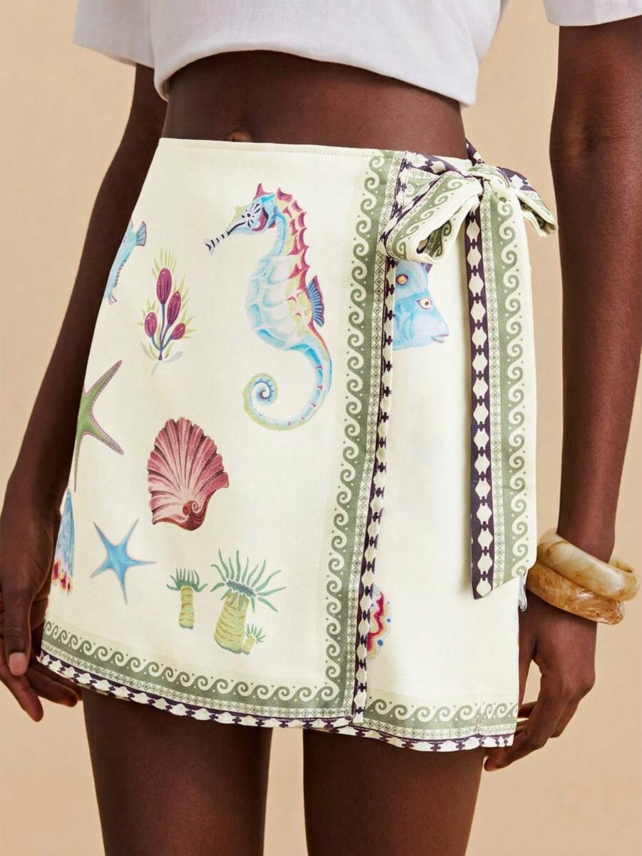 Travachic Women's Ocean Creature Print Vacation Side Tie Skirt - Apricot - View 1