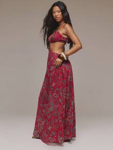 MUSERA 印花雪纺镂空吊带长裙 伊比沙岛度假春夏海滩白色岛屿婚礼宾客节日秋季夜生活婚礼宾客优雅约会之夜 - 酒紅色 - 查看 4
