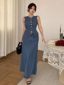 DAZY Bộ đồ denim nữ kiểu dáng thường ngày gồm áo khoác không tay và chân váy dài, thích hợp cho mùa xuân và hè. - Màu xanh lam - Xem 5