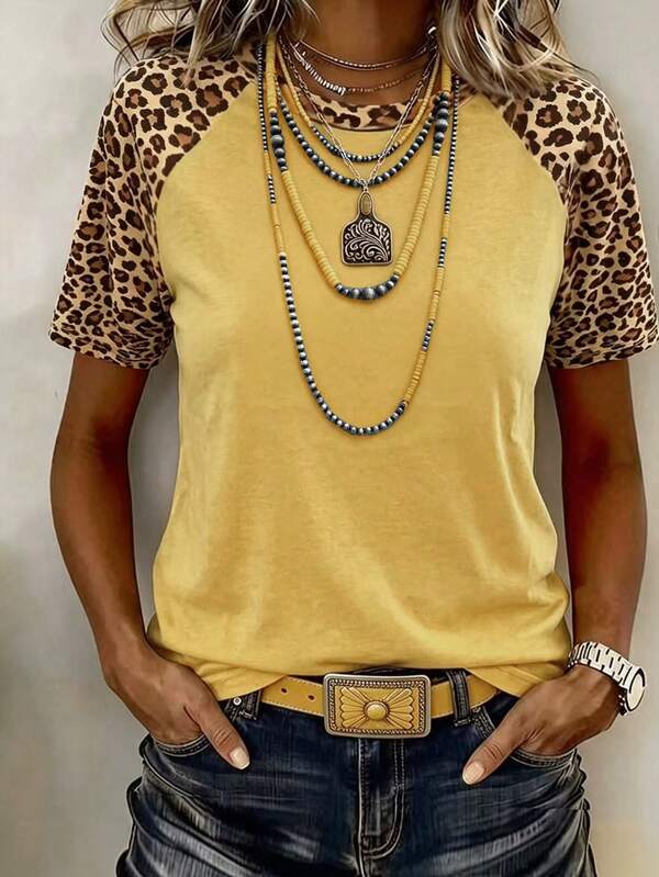 EMERY ROSE Women's Casual Leopard Print Patchwork Short Sleeve Loose T-Shirt, Suitable For Summer Holiday And Daily Commute