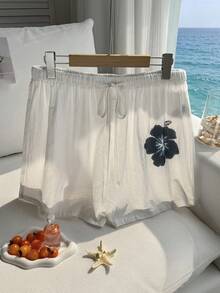 Comfortcana Quần short cotton dáng rộng, thoải mái, họa tiết hoa dâm bụt, có dây rút, thích hợp để phối cùng bikini đi biển mùa hè. - trắng - Xem 4