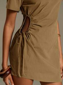 Athîral Women's Minimalist Solid Color Hollow Out Drawstring Detail Short Sleeve Mini Dress, Summer,Summer Dresses For Women - Coffee Brown - View 6