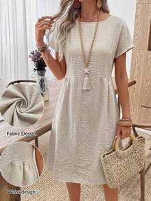Faunlyn Women's Summer Round Neck Striped Casual Dress - Apricot - View 9