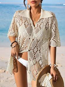 Swim Chiccia Women's Solid Color Hollow-Out Collar Casual Holiday Short Sleeve Kimono Cover Up For Layering Summer - Apricot - View 5