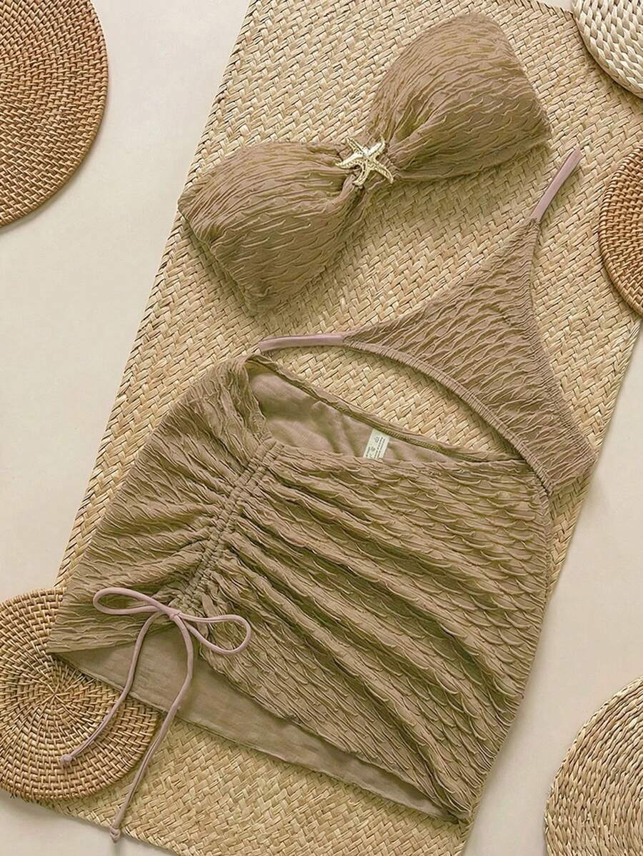 Swim Vcay Women's Textured Strapless Starfish Bikini 3 PiecesSexy Swimsuit Knitted Swim Wear Bikini Cover Up Sets Bikinis Set For Women With Cover Up Knit Sets Linen Beach Set - Khaki - View 1