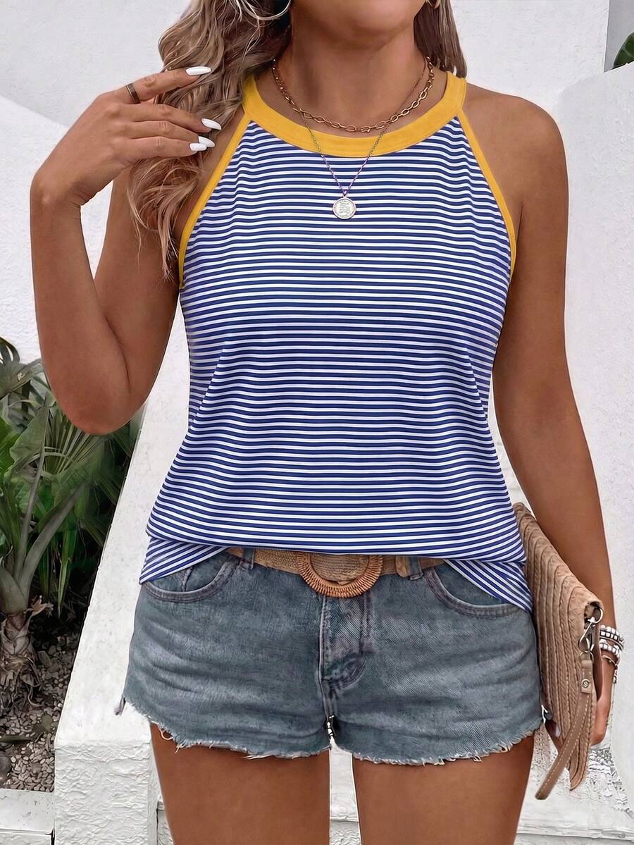 EMERY ROSE Women's Round Neck Sleeveless Popular Blue & White Striped Printed Contrast Yellow Pattern Plus Size Camisole & Tank Top - Multicolor - View 1