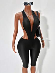 BamGleam Bộ jumpsuit đen khoét cổ yếm, quần short ôm sát, thích hợp cho lễ hội âm nhạc và hẹn hò. - màu đen - Xem 4