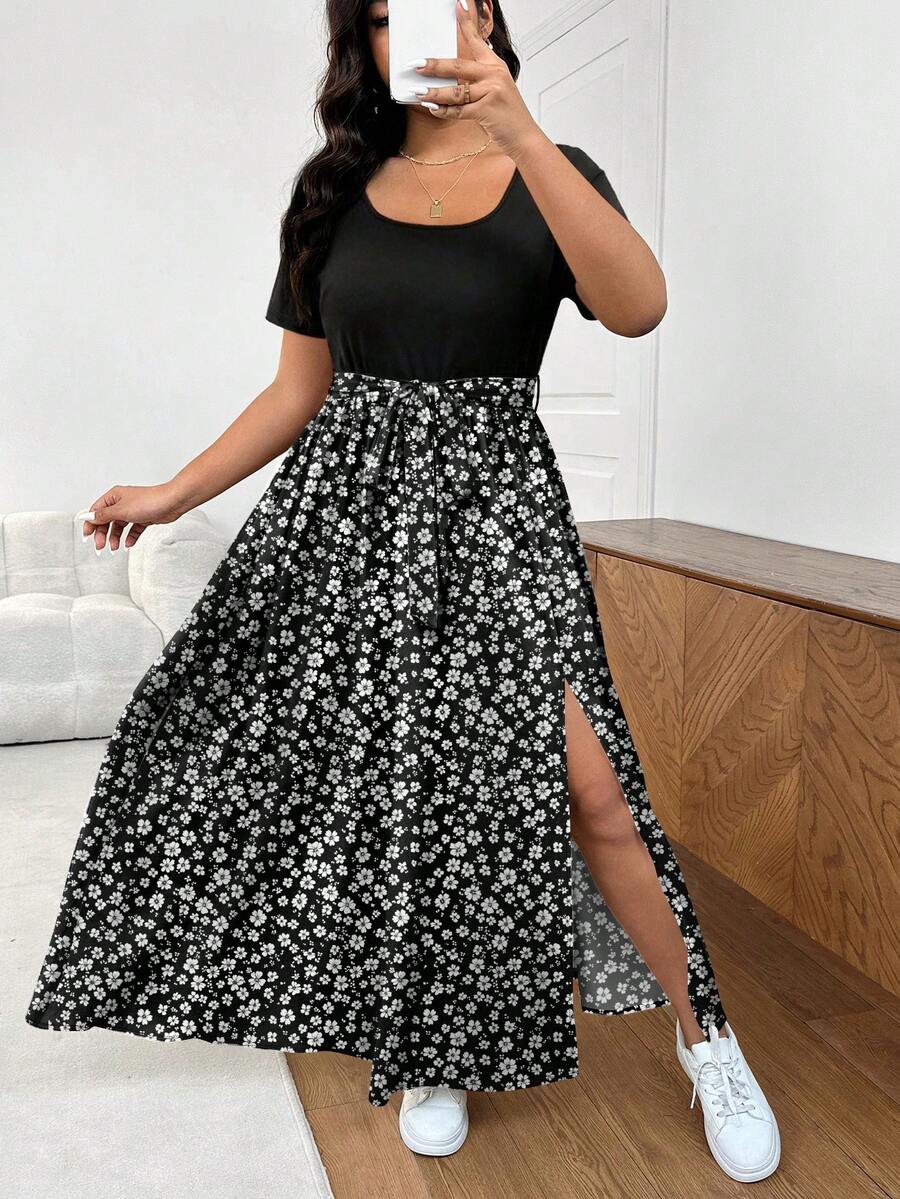 SHEIN Frenchy Đầm ngắn tay cỡ lớn dành cho nữ, họa tiết hoa nhí phối màu tương phản. - Nhiều màu - Xem 1