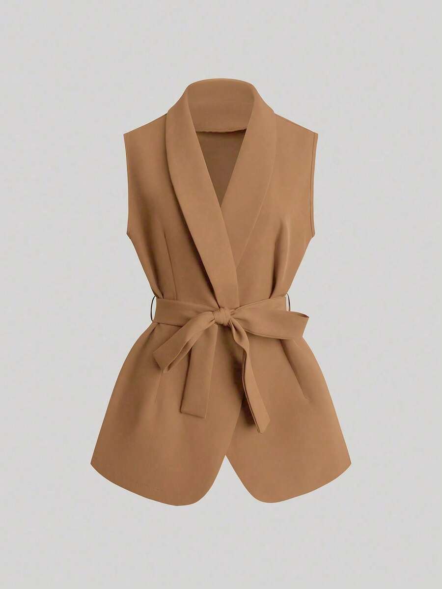 Franclia New Women Sleeveless Vest Jacket With Belt - Khaki - View 1