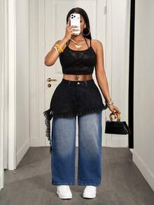 Slaydiva Calça Denim Reta Feminina Fashionable 2 em 1 - Azul - Visão 1