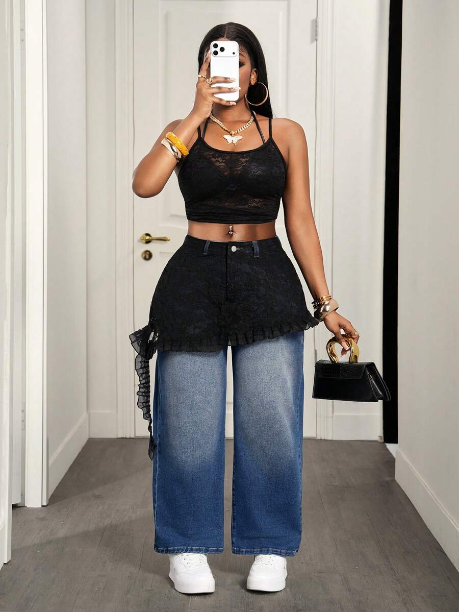 Slaydiva Calça Denim Reta Feminina Fashionable 2 em 1 - Azul - Visão 1