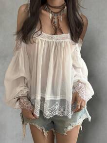 Livesso 女士春夏海滩度假风撞色蕾丝露肩宽松半透明上衣 - 米色 - 查看 1