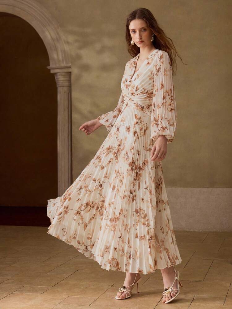 WOMEN'S LONG SLEEVE PLEATED ROMANTIC ELEGANT PRINTED LONG DRESS, SPRING/SUMMER