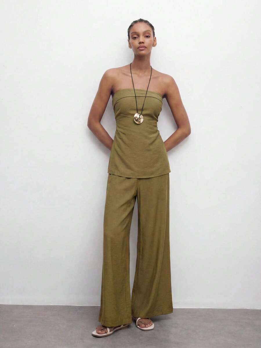 Maija Women's Summmer Casual Casual Minimalist Olive Green Bandeau Top And Pants 2 Pieces Set,Festival Outfits, Sets, Holiday Outfits Vacation - Olive Green - View 1