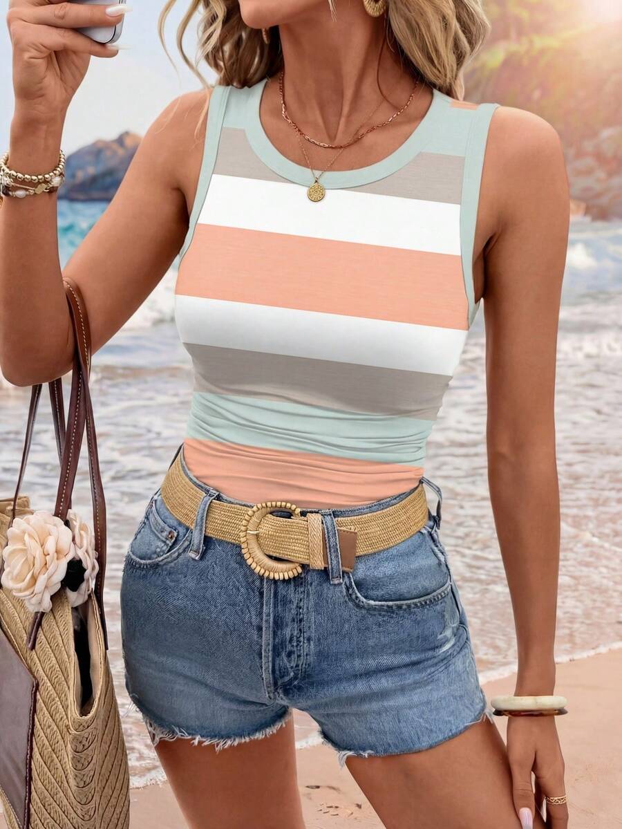 SHEIN LUNE Women's Colorblock Floral Print Crew Neck Comfortable Base Layer Tight Camisole Back To School,Casual