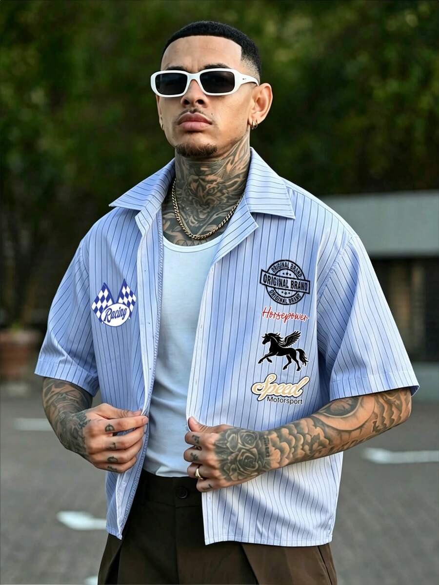 Manfinity EMRG 男士条纹印花宽松字母图案衬衫 - 藍色 - 查看 1