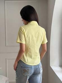 Teen GirlCasual All-Match Versatile Daily Commute Slim Fit Cropped Short Sleeve White Shirt - Yellow - View 2