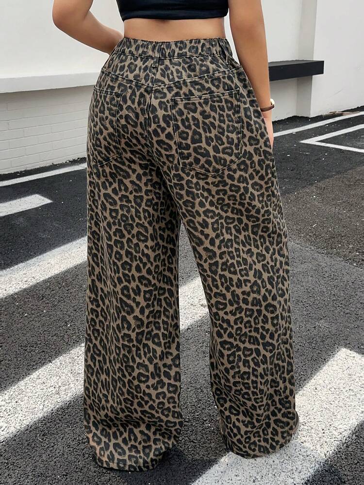Dazy Plus Plus Size Women Leopard Print Straight Leg Jeans, Casual Street Style, Suitable For All Seasons