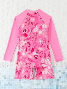 SHEIN Tween Girls One-Piece Swimsuit,Pink,Summer,Cute,Beach,Holiday Tropical Floral Print Long Sleeve Sun Protection Zipper Design Jumpsuit For Vacation - Watermelon Pink - View 2