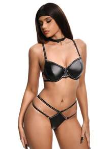 Bộ 3 áo ngực nữ bằng da PU mờ đính sequin, có đệm mút. - màu đen - Xem 4