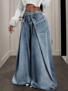 Women's Contrast Color 2 In 1 Pocket Casual Wide Leg Jeans - Light Wash - View 1