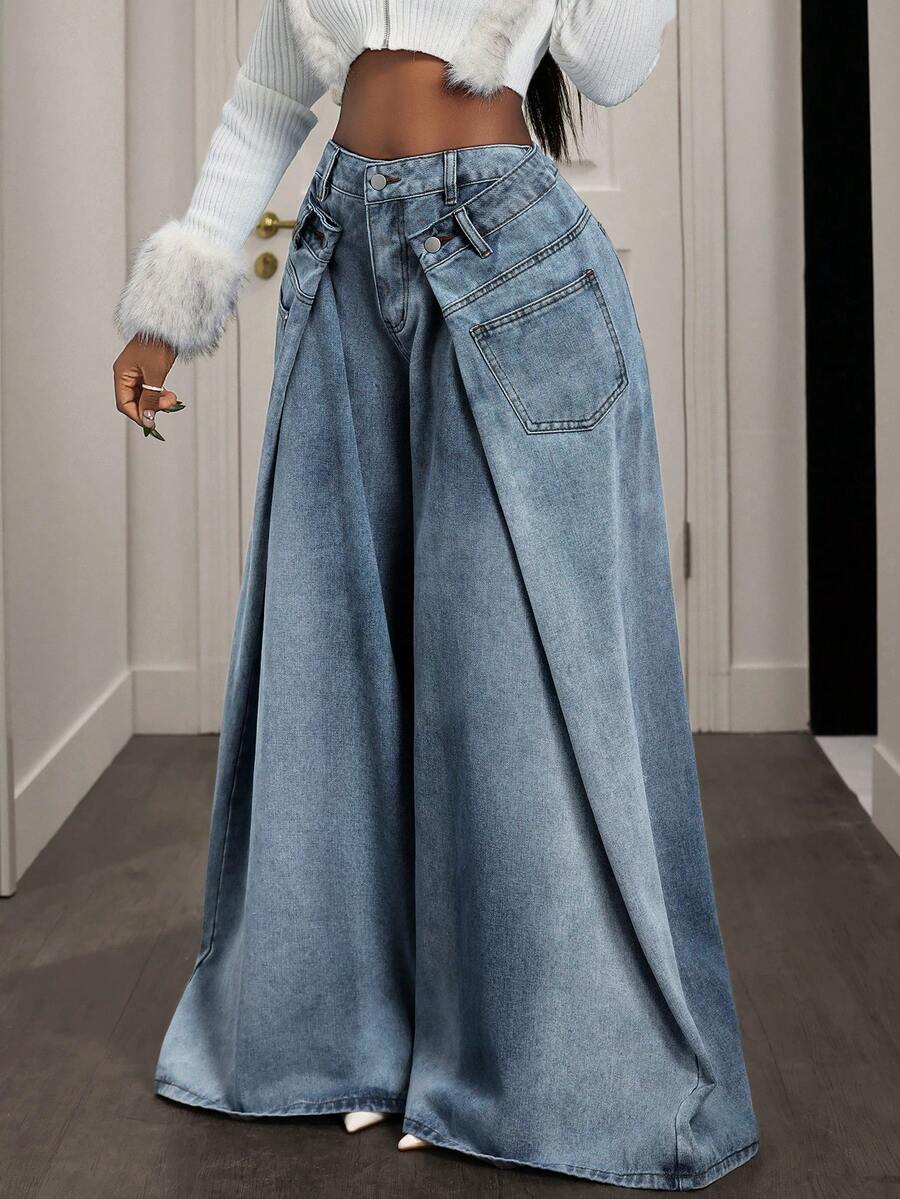 Women's Contrast Color 2 In 1 Pocket Casual Wide Leg Jeans - Light Wash - View 1