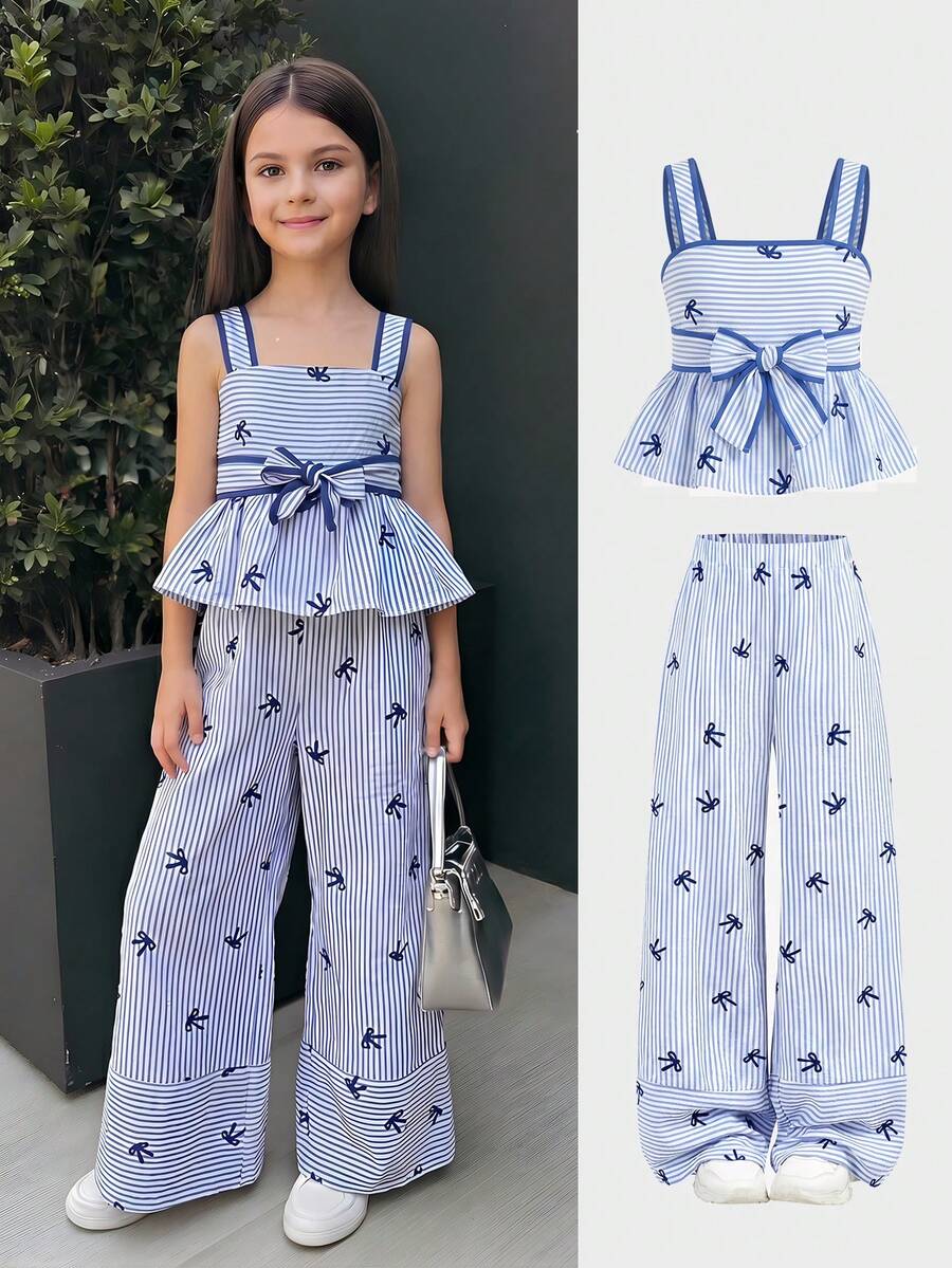 Firerie Kids Bộ 2 món cho bé gái tuổi teen: áo hai dây kẻ sọc có nơ và quần dài, trang phục thường ngày thời trang, đa năng cho đi chơi, cắm trại, du lịch, và cả gia đình. - Xanh và trắng - Xem 1