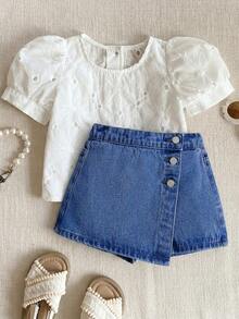 SHEIN Váy quần jean ngắn dễ thương, mềm mại, thoải mái dành cho bé gái. - Rửa tối - Xem 6