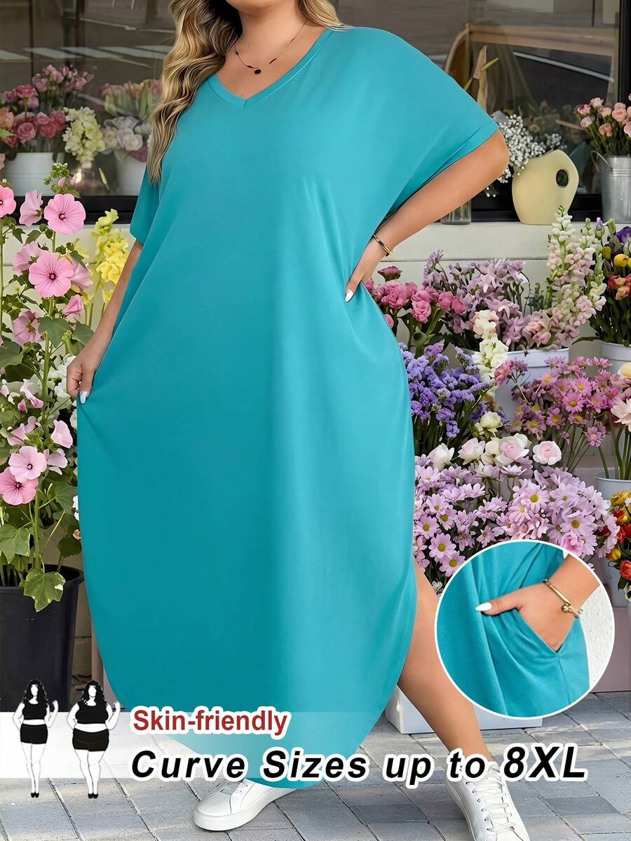 SHEIN CURVE+ Plus Size Women's Spring/Summer New Fashion Commuter Casual Pocket Design Split Robe - Black - View 1