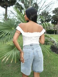 Natali Santanap Parte superior elegante de damas de ajuste ceñido con cuello de hoja de loto, textura floral tridimensional de punto, color blanco sólido para primavera y verano, parte superior de verano, parte superior, vacaciones, parte superior blanca, parte superior corta, parte superior linda, Día de San Valentín - Blanco - Ver 3