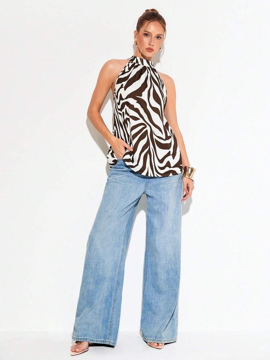 Femmeiva 女士休闲优雅印花露背吊带衫，夏季 - 棕色 - 查看 1