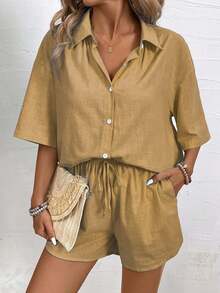 Hotletica Women's Vacation Casual Solid Color Shirt And Shorts 2 Pieces Set - Brown - View 6