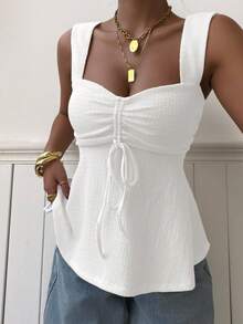 Muchica Top Peplum Blanc pour Femmes, Top Tricoté à Encolure Cœur, Top Élégant de Style Conservateur pour Vacances d'Été et Resort de Plage - Blanc - Voir 5
