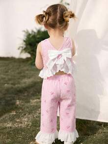 Cozy Pixies Baby Girl Colorblock Floral Trim Sleeveless Cardigan Top And Elastic Waist Pants 2 Pieces Set,Kids - Multicolor - View 1