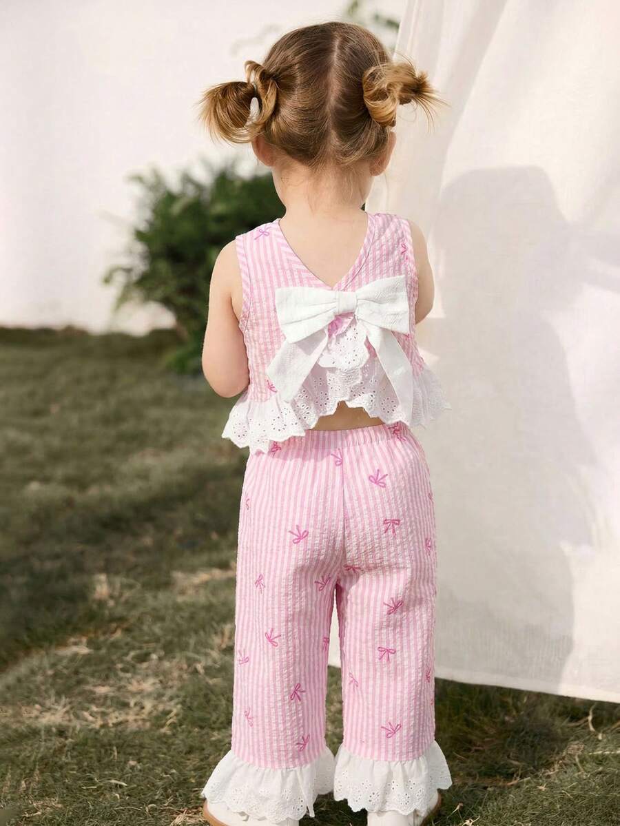 Cozy Pixies Baby Girl Colorblock Floral Trim Sleeveless Cardigan Top And Elastic Waist Pants 2 Pieces Set,Kids - Multicolor - View 1