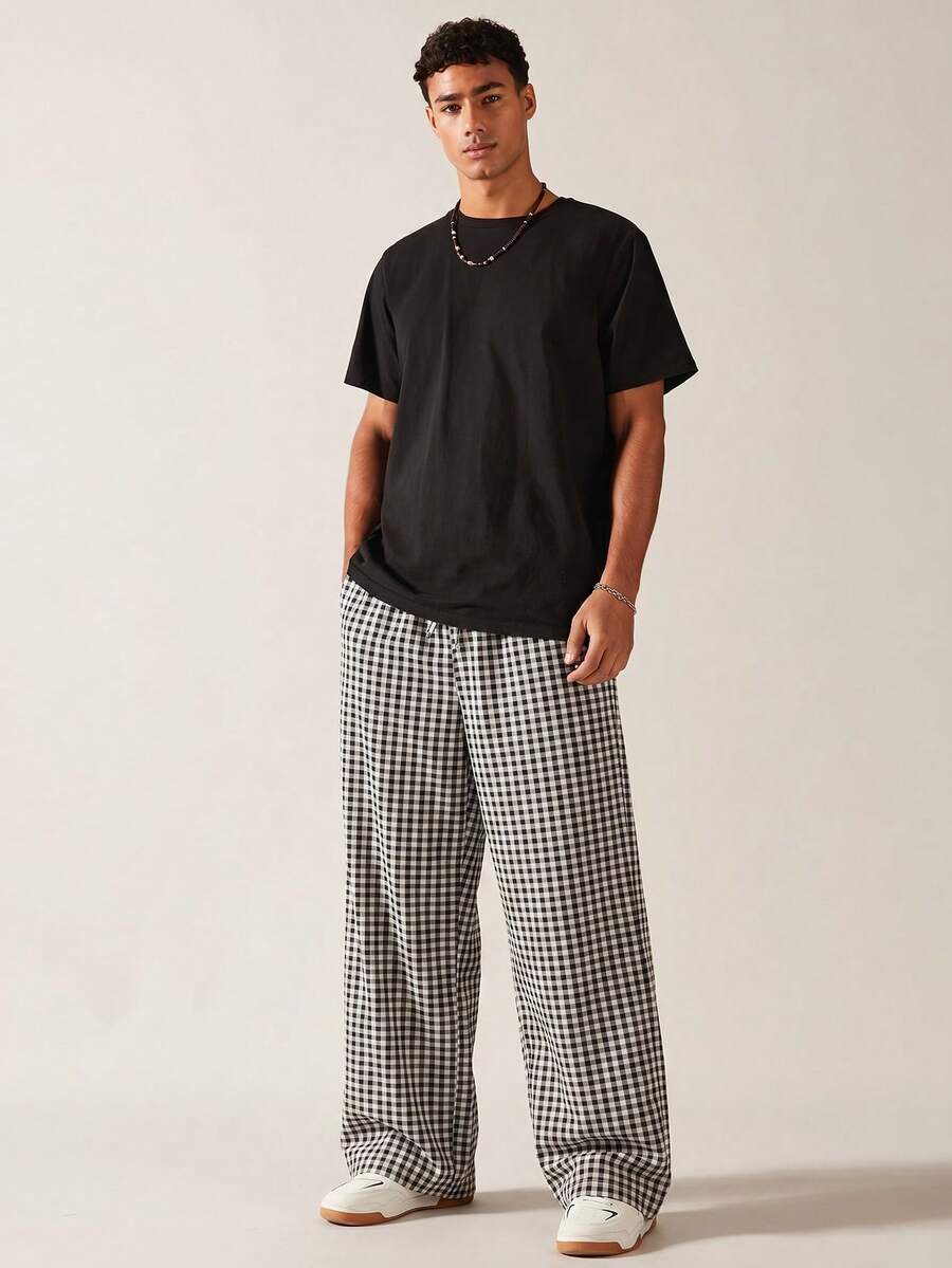 SWAVVY Men's Plaid Print Slant Pocket Casual Pants, Suitable For Daily Wear - Black - View 1