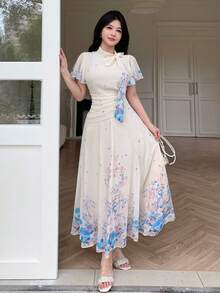 Modelyn 女士系带腰部褶皱印花喇叭连衣裙 - 彩色 - 查看 3