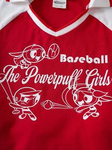 THE POWERPUFF GIRLS X SHEIN Young Girl' Colorblock Print Short Sleeve T-Shirt And Shorts Set - Red and White - View 4