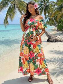 SHEIN Pregnant Women's Summer Fashion Vacation Style Tropical Print Off-Shoulder Ruffle Tiered Hem Dress - Multicolor - View 2