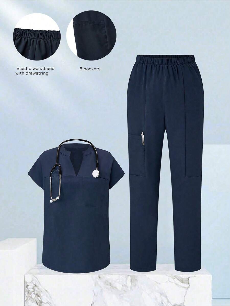 SHEIN TaskFit 女士夏季鬆身純色舒適多口袋工作服套裝 - 藏蓝色 - 查看 1