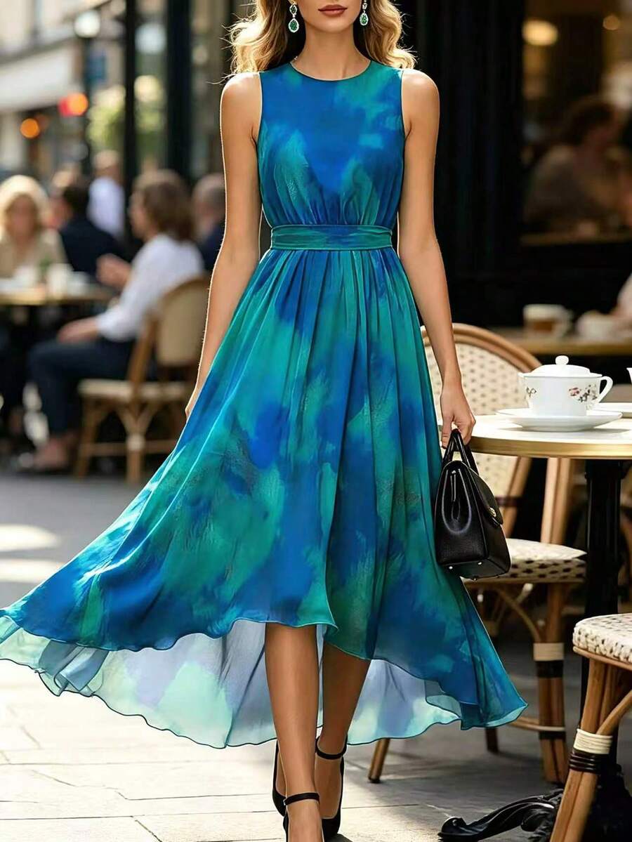 EMERY ROSE Đầm maxi không tay cổ tròn in họa tiết chuyển màu mực, thắt eo nơ cho nữ - Nhiều màu - Xem 1